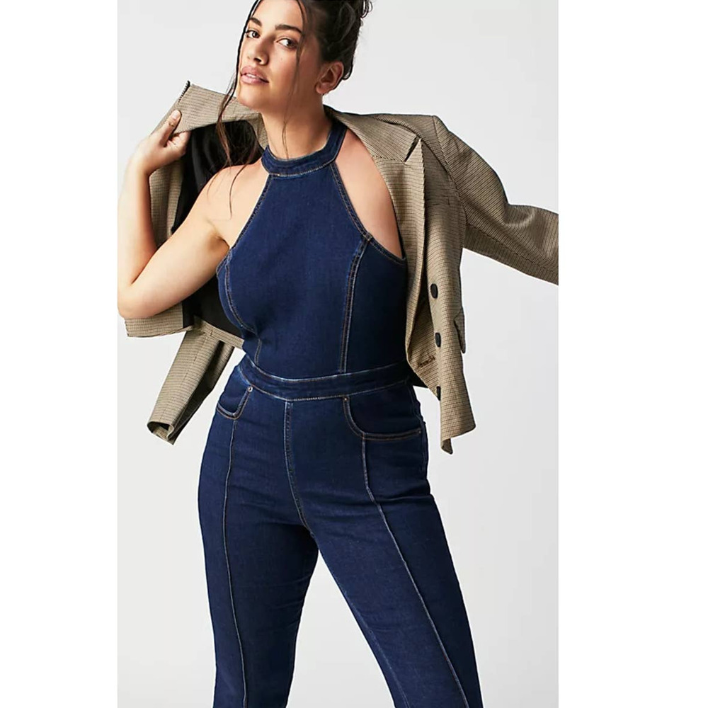 New We The Free x Crvy Sydney Denim Style Retro Flared Jumpsuit $168 SIZE 2 Blue